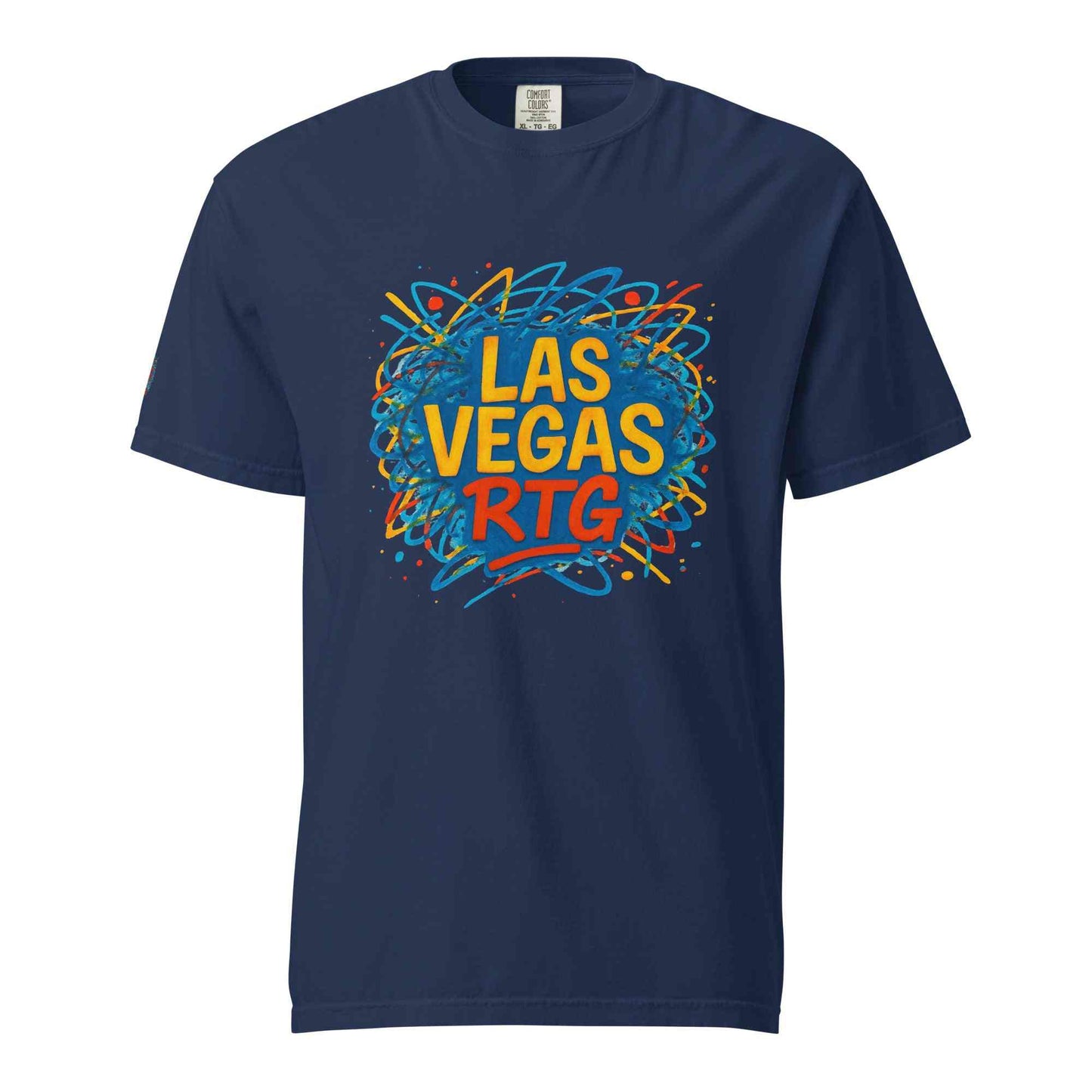 Los Vegas-Unisex garment-dyed heavyweight navy blue t-shirt with colorful graphic design and relaxed fit