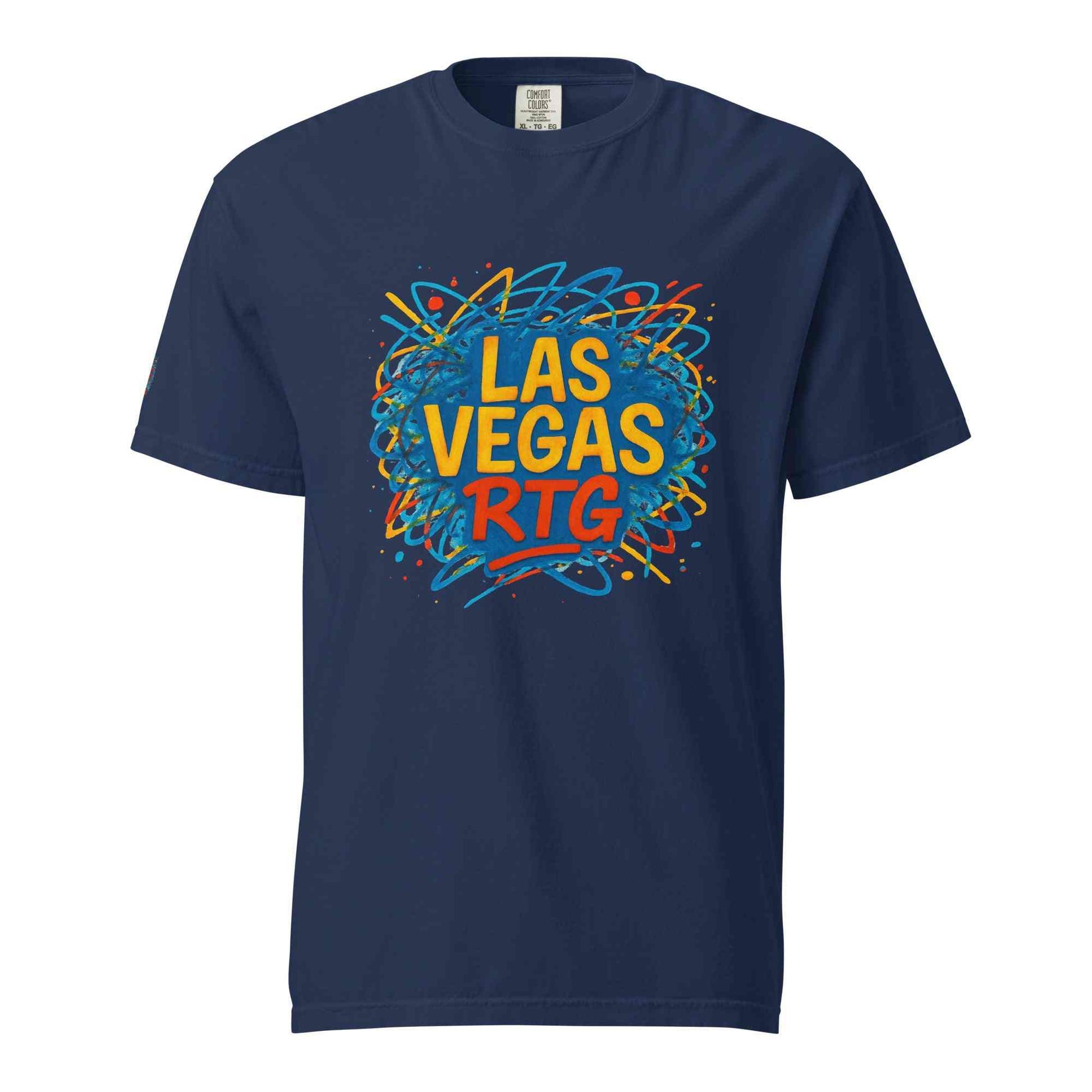 Los Vegas-Unisex garment-dyed heavyweight navy blue t-shirt with colorful graphic design and relaxed fit