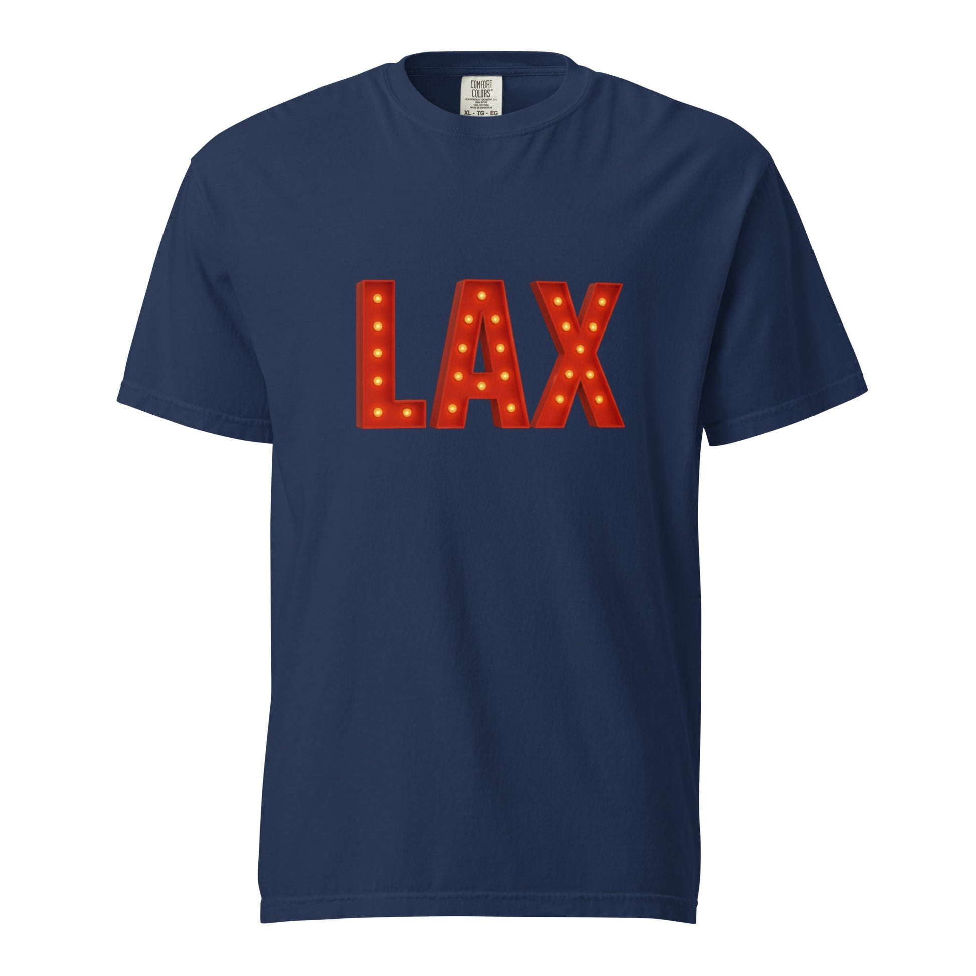 Los Angeles-Unisex garment-dyed heavyweight navy t-shirt with LAX marquee text, 100% ring-spun cotton, breathable and durable design