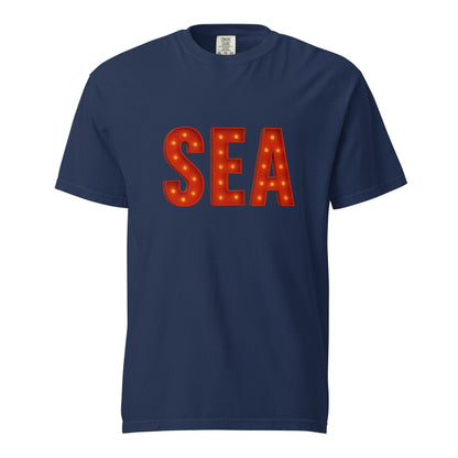 Seattle-Unisex garment-dyed heavyweight navy blue t-shirt with SEA marquee letters print, 100% ring-spun cotton, relaxed fit