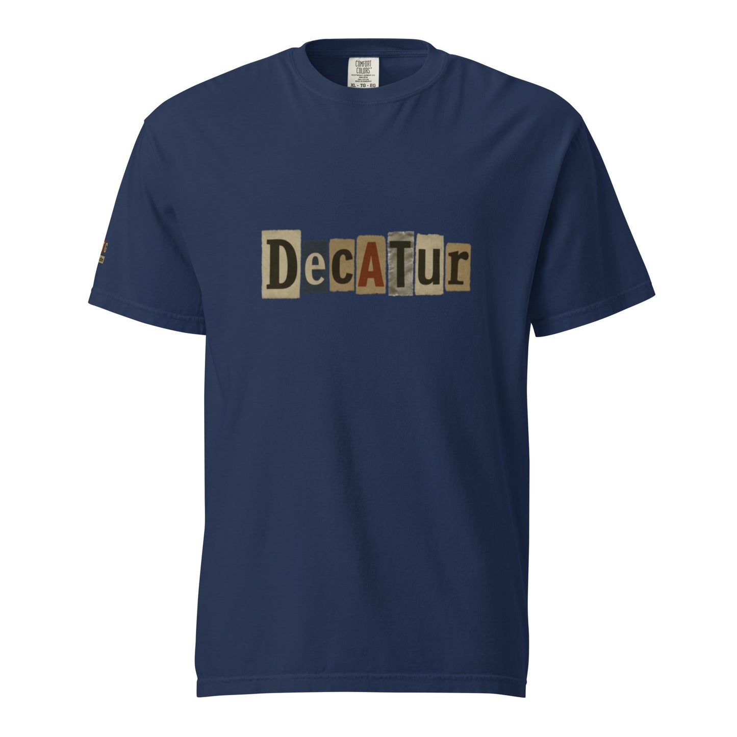 Decatur-Unisex garment-dyed heavyweight navy blue t-shirt with graphic text design