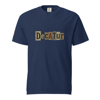 Decatur-Unisex garment-dyed heavyweight navy blue t-shirt with graphic text design