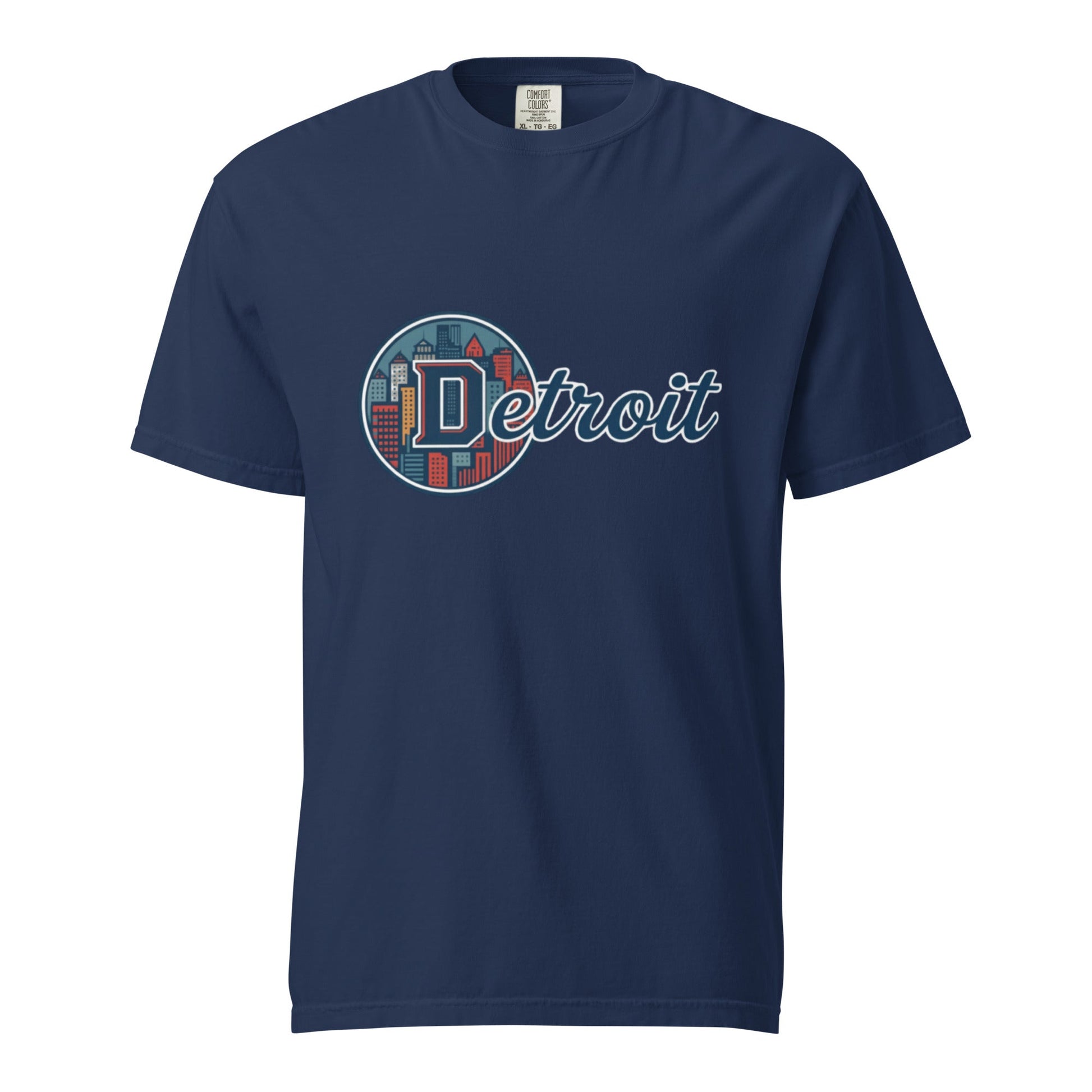 Detroit-Unisex garment-dyed heavyweight navy t-shirt with Detroit city graphic, 100% cotton, breathable and durable design