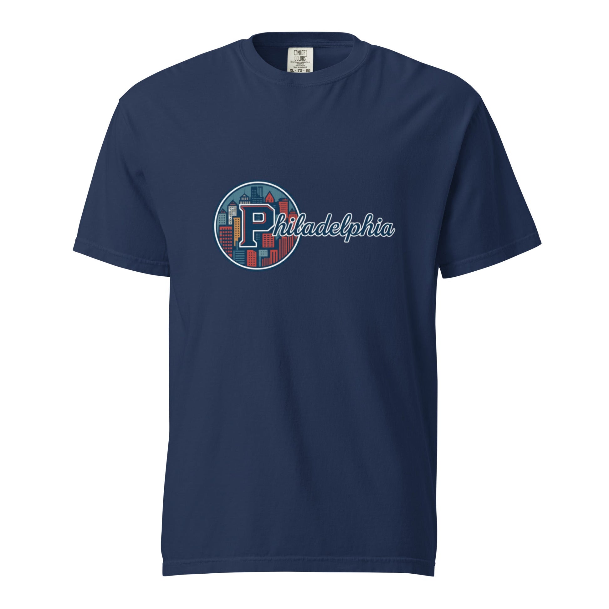 Philidelphia-Unisex garment-dyed heavyweight navy blue t-shirt with city graphic and text logo