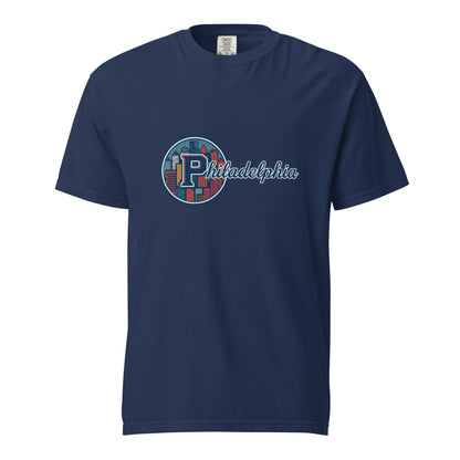 Philidelphia-Unisex garment-dyed heavyweight navy blue t-shirt with city graphic and text logo
