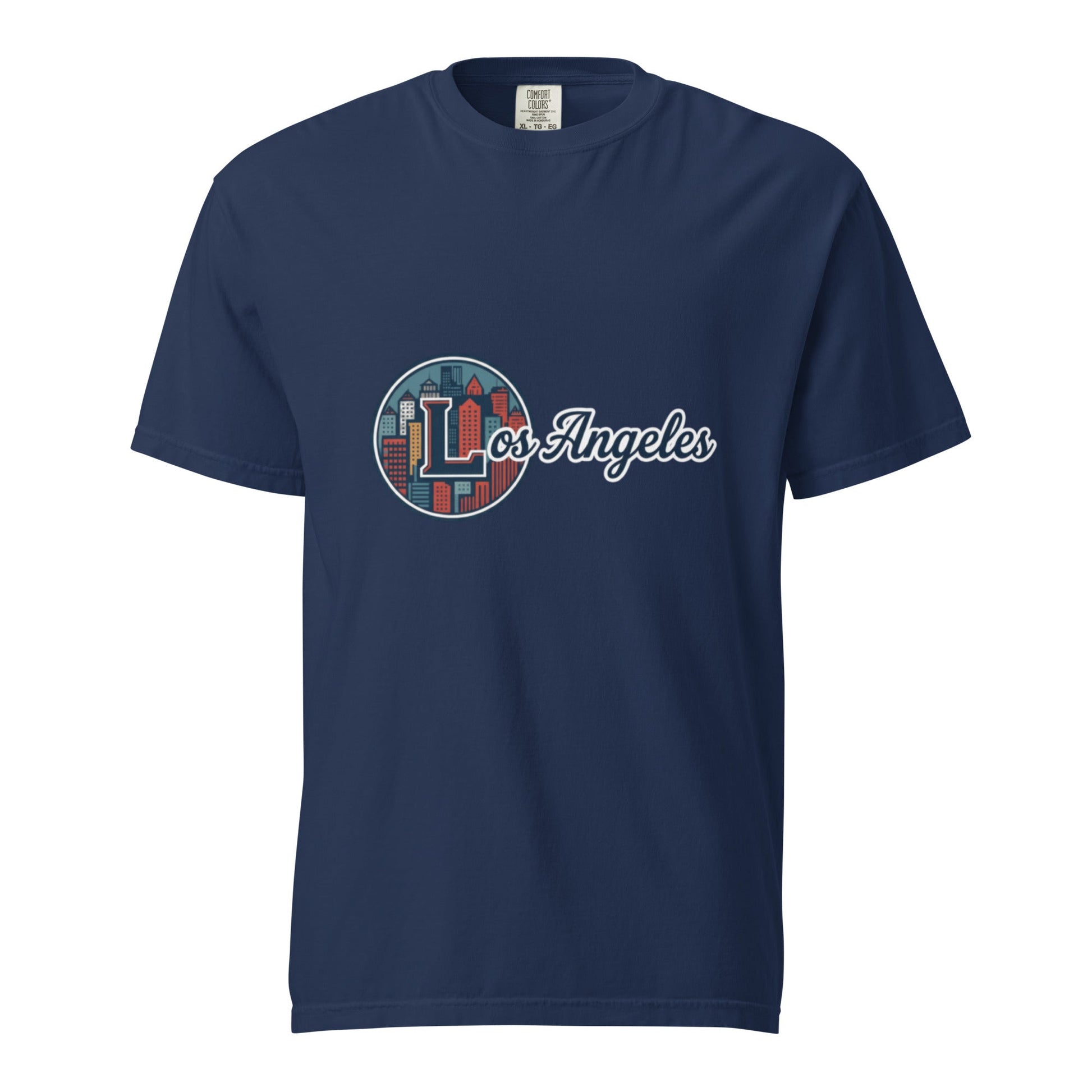 Los Angeles-Unisex garment-dyed heavyweight navy t-shirt with city graphic and soft breathable cotton fabric