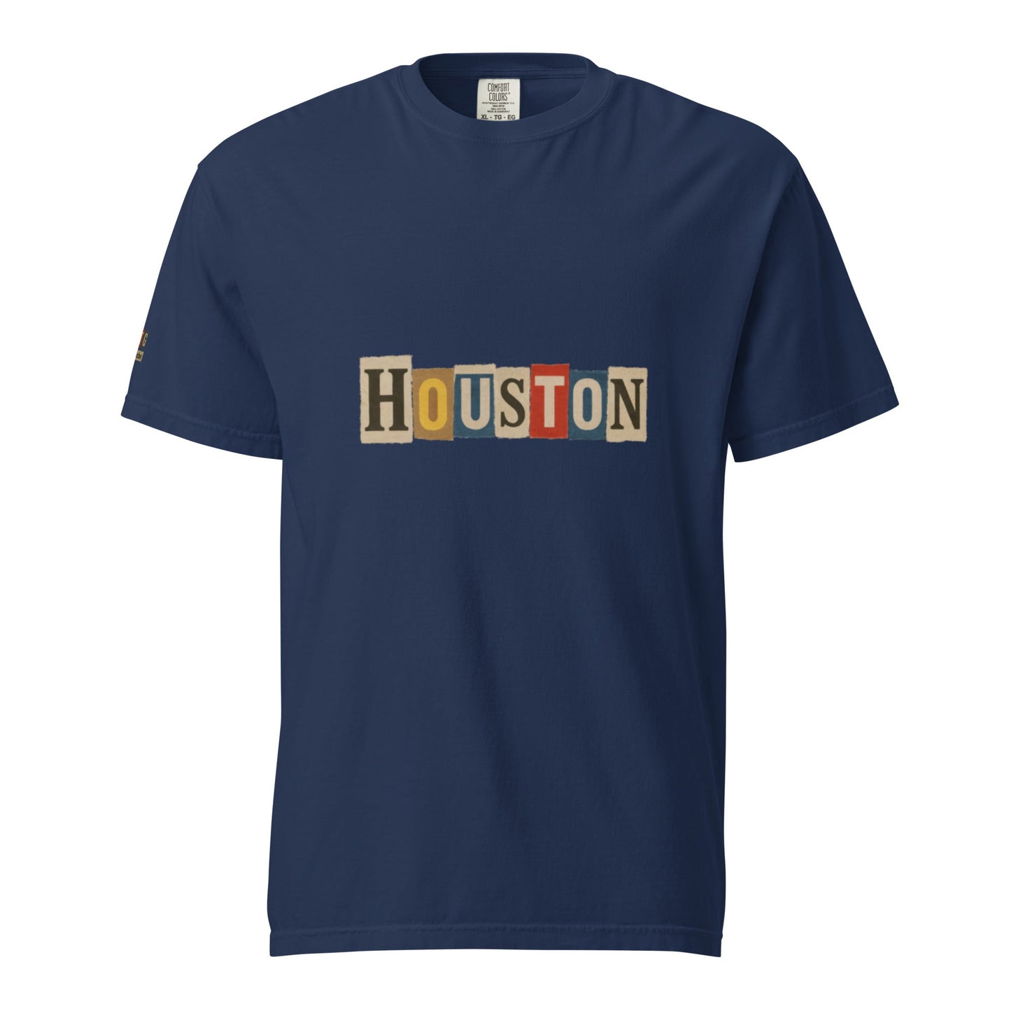 Houston-Unisex garment-dyed heavyweight navy t-shirt with colorful Houston text design, 100% ring-spun cotton, relaxed fit