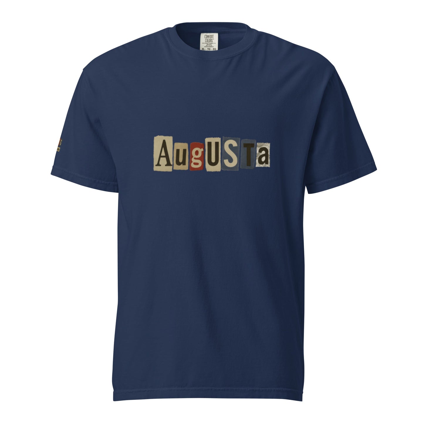 Augusta-Unisex garment-dyed heavyweight navy blue t-shirt with layered letter design, 100% ring-spun cotton, relaxed fit