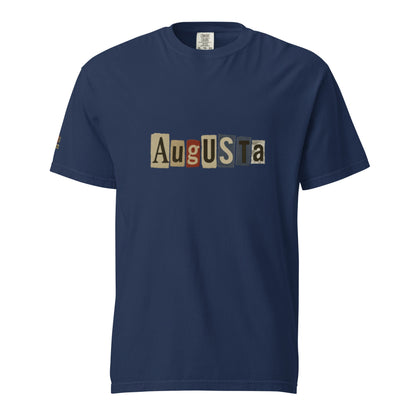 Augusta-Unisex garment-dyed heavyweight navy blue t-shirt with layered letter design, 100% ring-spun cotton, relaxed fit