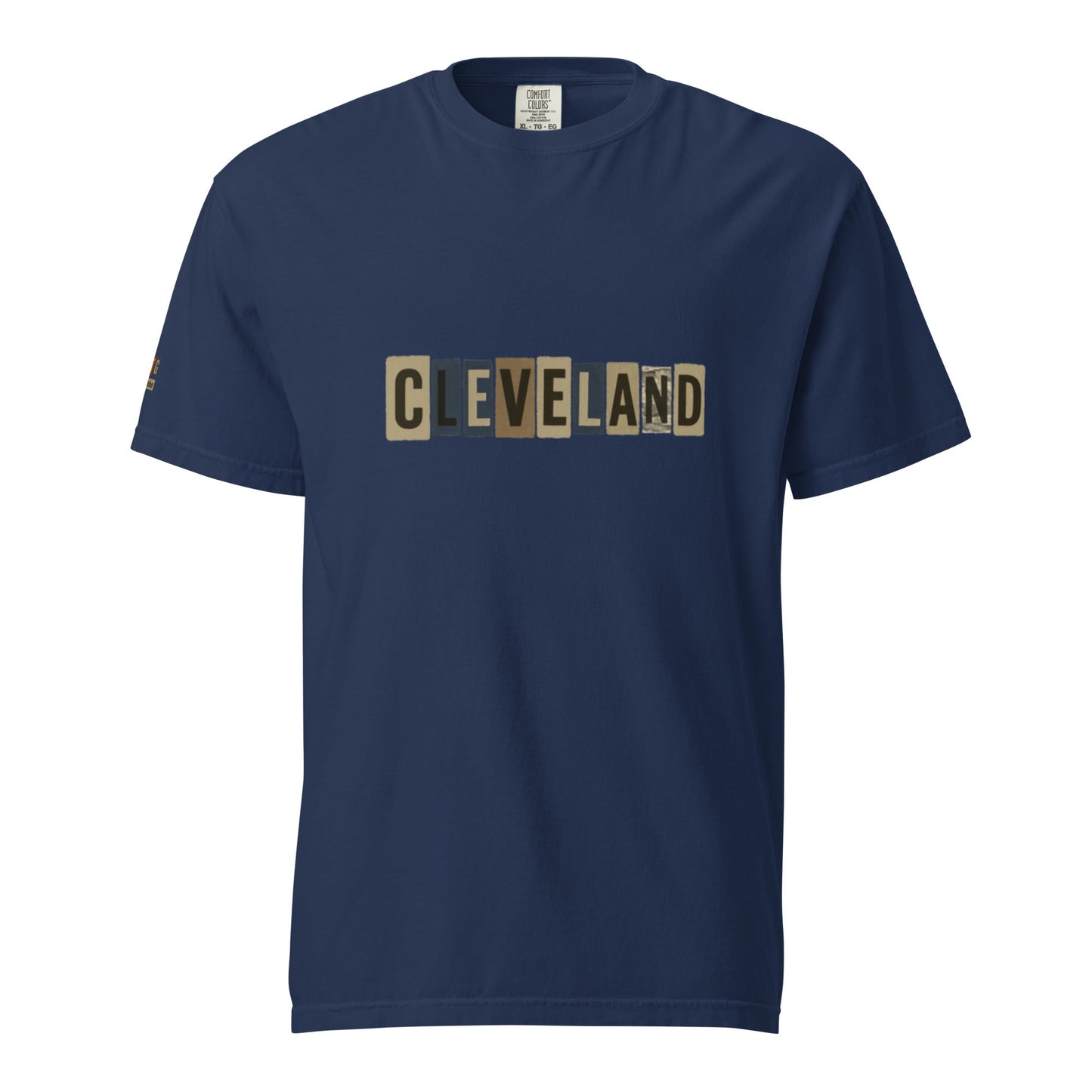 Cleveland-Unisex garment-dyed heavyweight navy t-shirt with block letter design, 100% ring-spun cotton, relaxed fit, durable stitching
