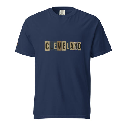 Cleveland-Unisex garment-dyed heavyweight navy t-shirt with block letter design, 100% ring-spun cotton, relaxed fit, durable stitching