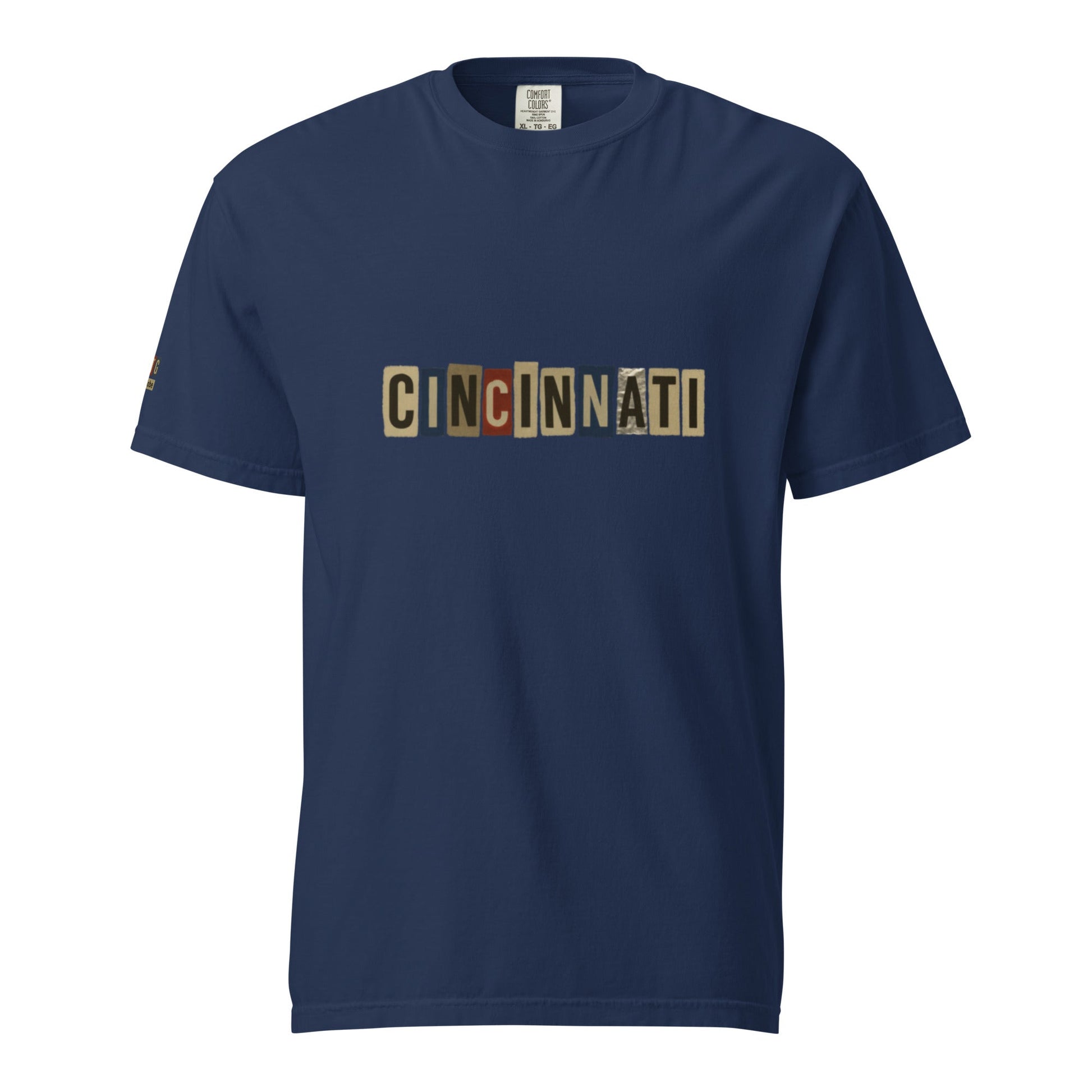 Cincinnati-Unisex garment-dyed heavyweight navy blue t-shirt with vintage letter print, 100% ring-spun cotton, relaxed fit