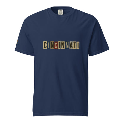 Cincinnati-Unisex garment-dyed heavyweight navy blue t-shirt with vintage letter print, 100% ring-spun cotton, relaxed fit