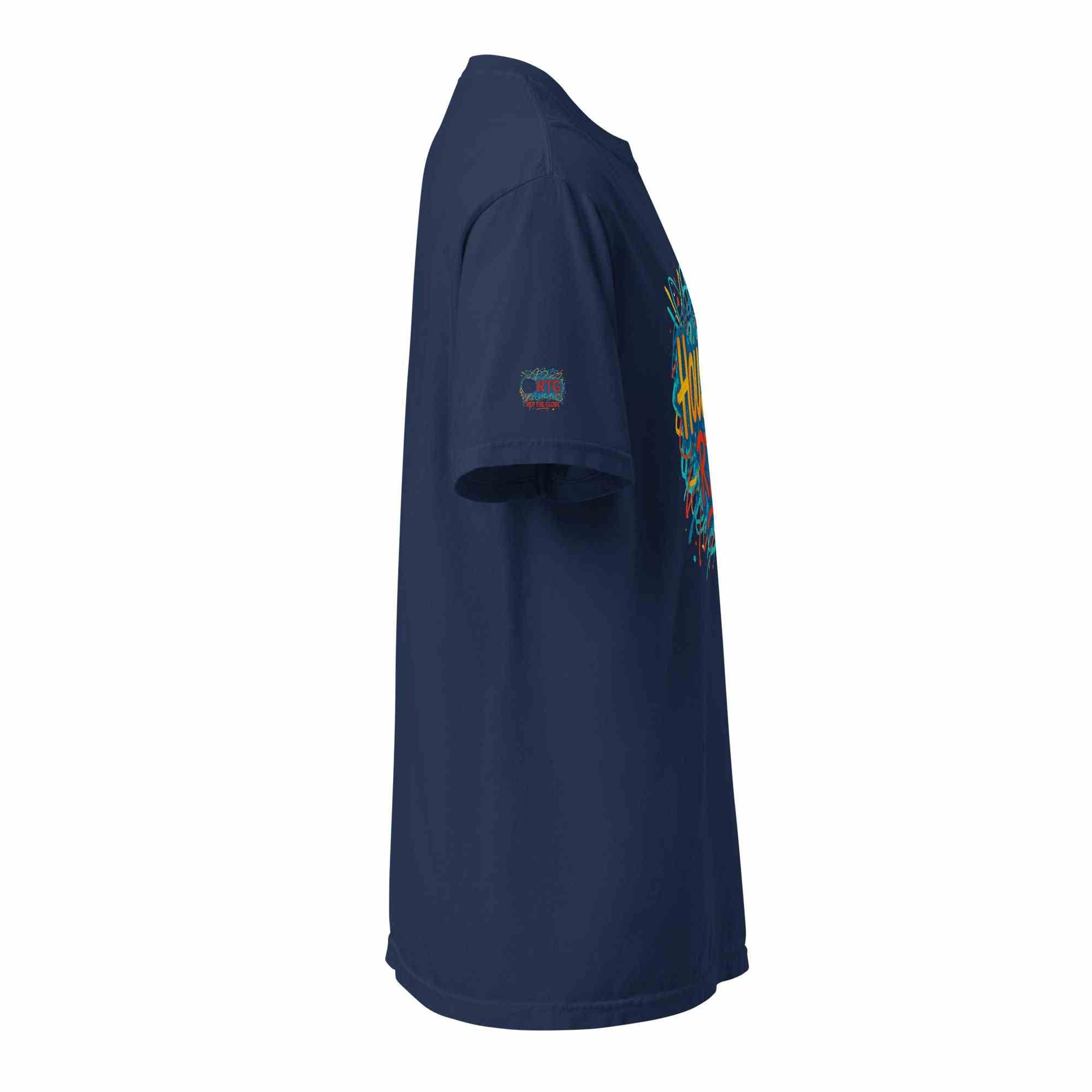 Houston-Unisex garment-dyed heavyweight navy t-shirt side view with colorful graphic design and short sleeves