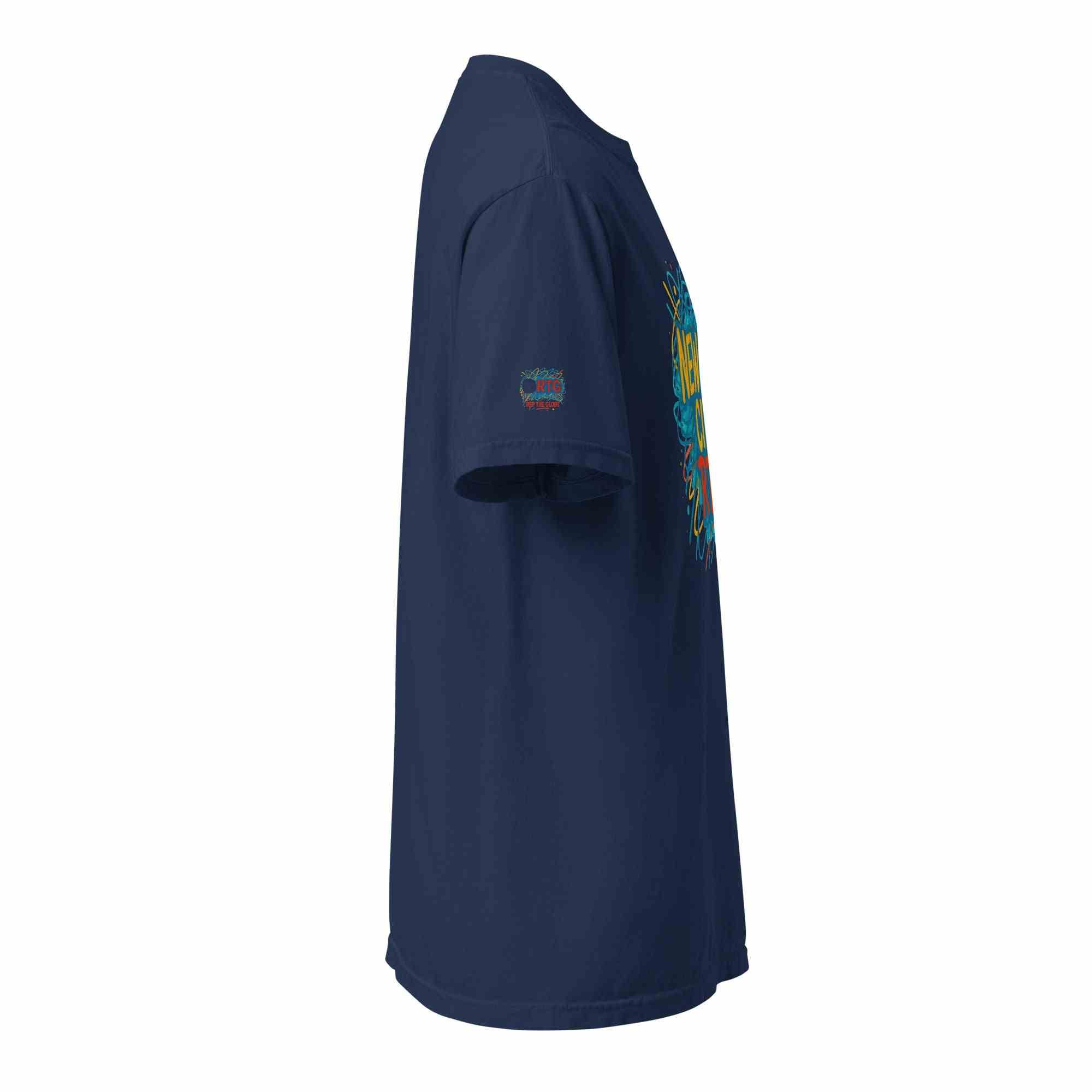 Side view of navy blue New York City-Unisex garment-dyed heavyweight t-shirt with short sleeves and printed design