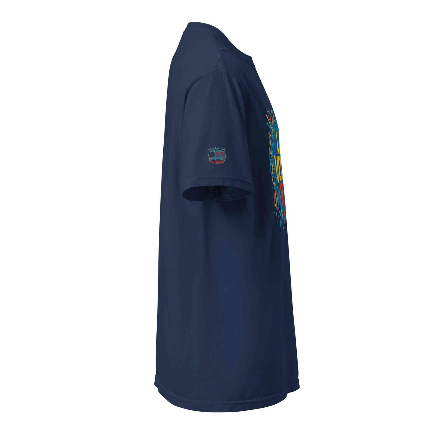 Side view of navy blue Los Vegas-Unisex garment-dyed heavyweight t-shirt made of 100% ring-spun cotton with relaxed fit and durable stitching