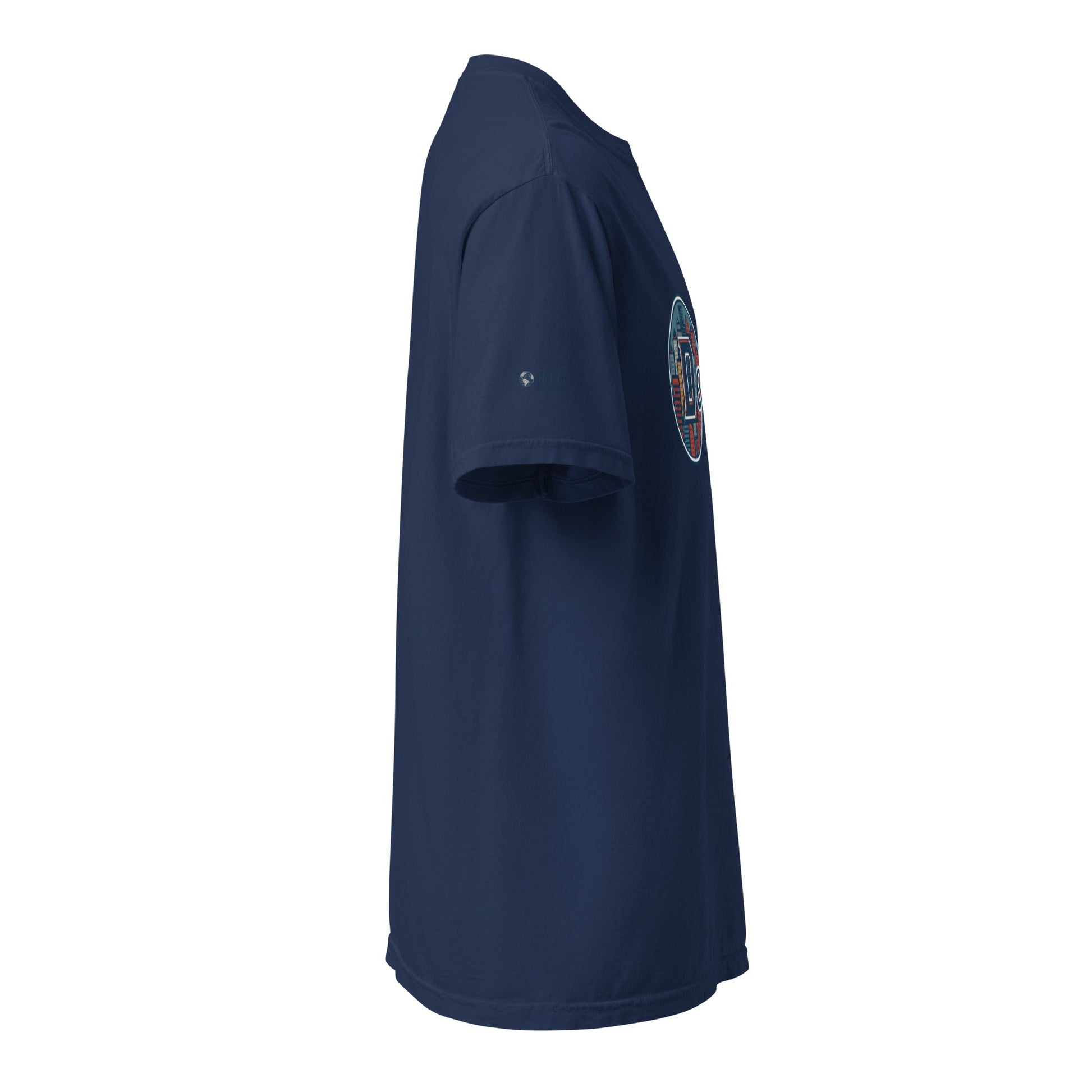 Denver-Unisex garment-dyed heavyweight navy blue t-shirt side view on white background