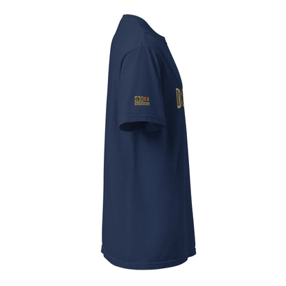 Richmond-Unisex garment-dyed heavyweight navy blue t-shirt side view with ring-spun cotton fabric and durable stitching
