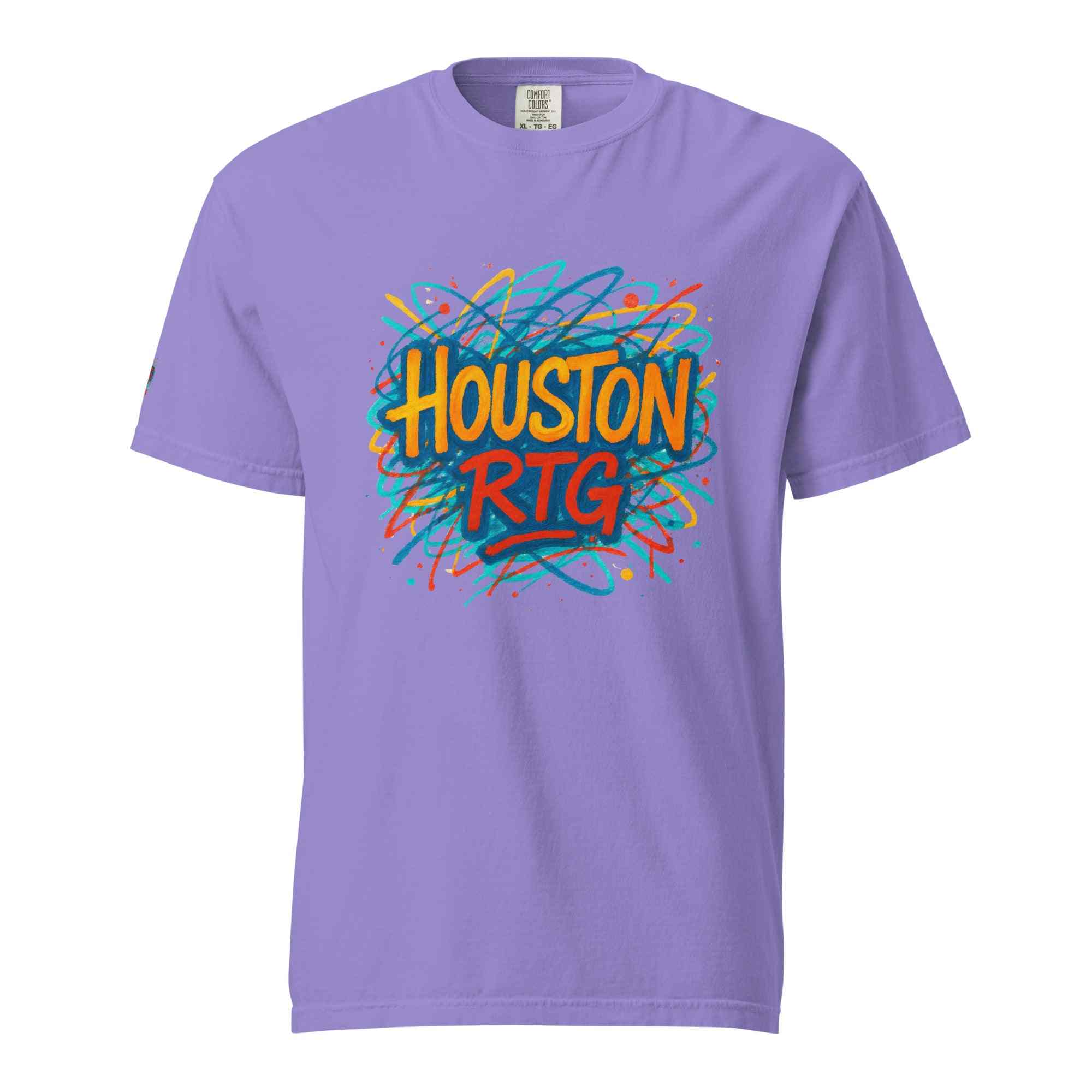 Houston-Unisex garment-dyed heavyweight purple t-shirt with colorful "Houston RTG" graphic design, 100% ring-spun cotton, relaxed fit