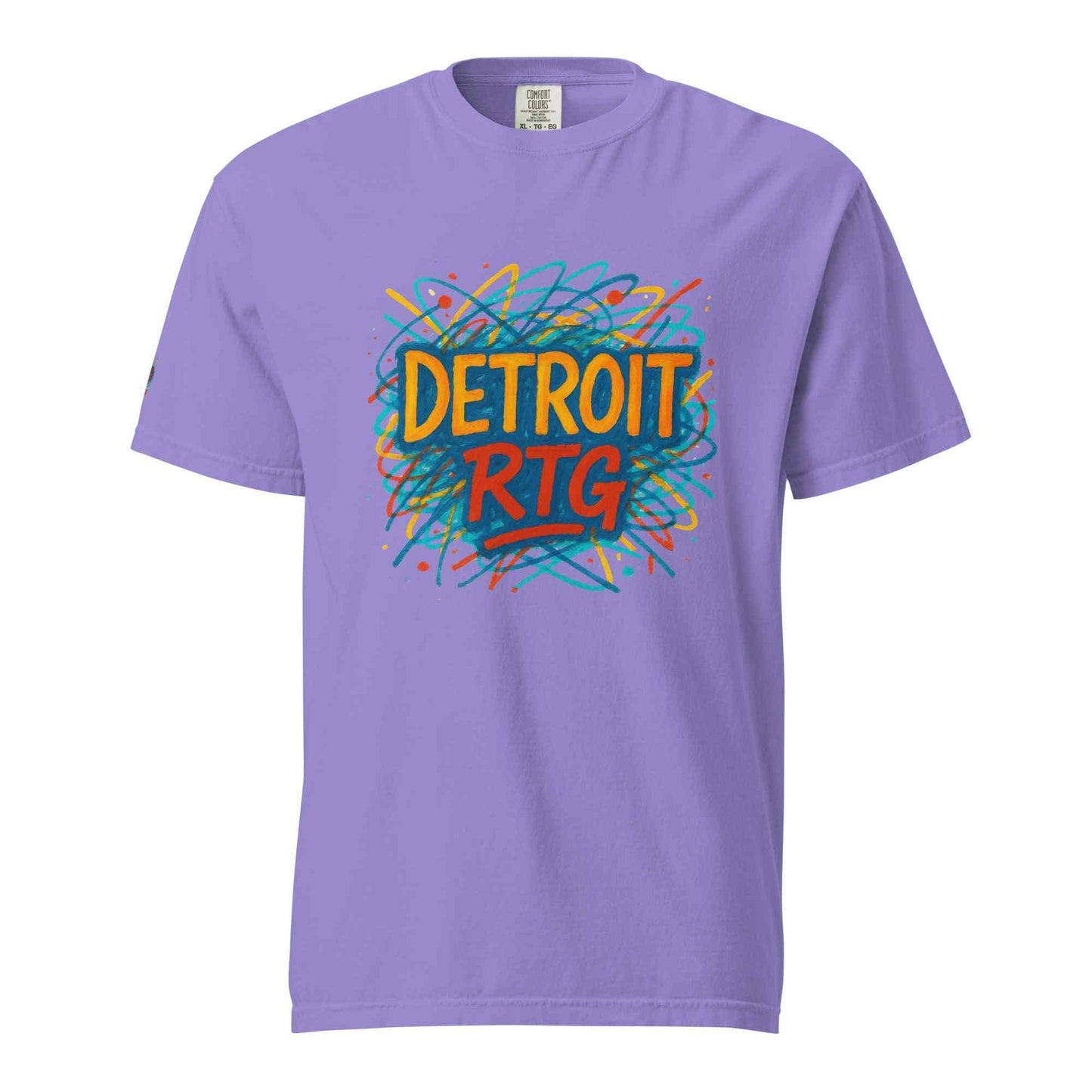 Detroit-Unisex garment-dyed heavyweight t-shirt in purple with colorful Detroit RTG graphic design, 100% ring-spun cotton, relaxed fit