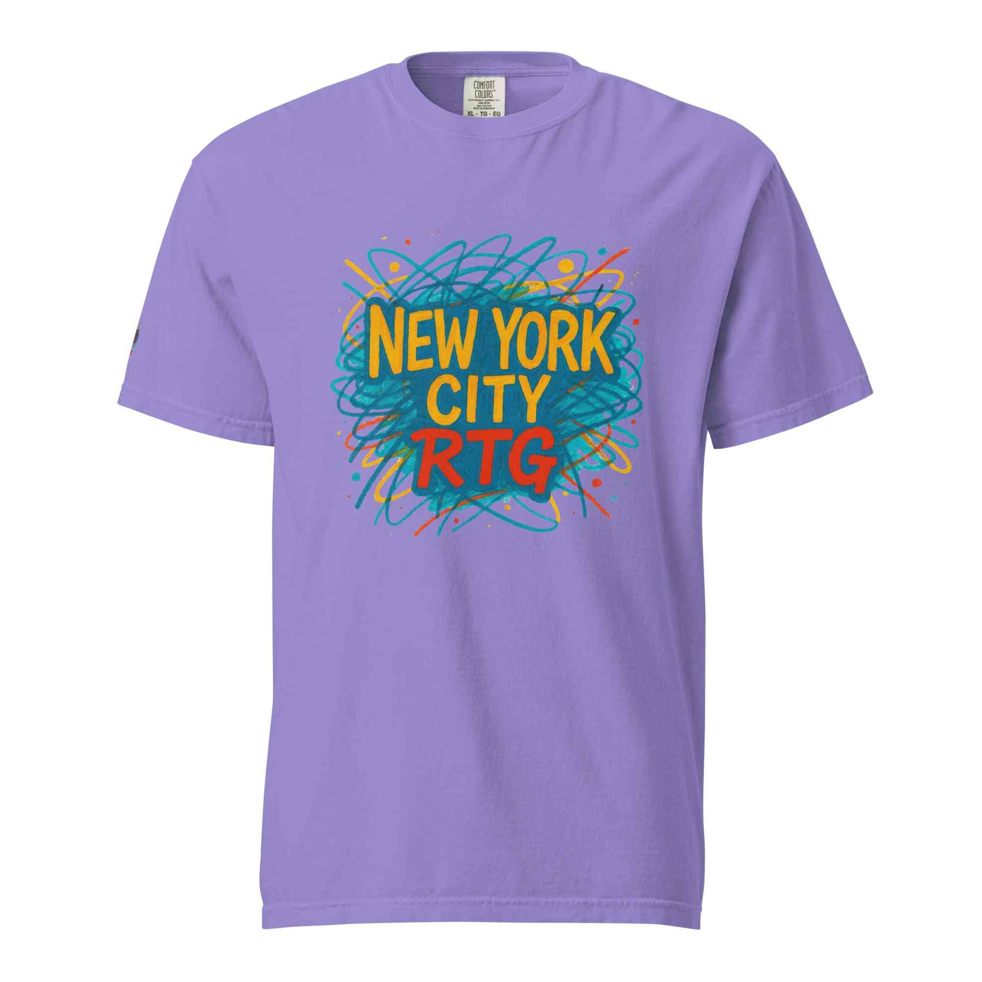 New York City-Unisex garment-dyed heavyweight purple t-shirt with colorful graphic design and relaxed fit