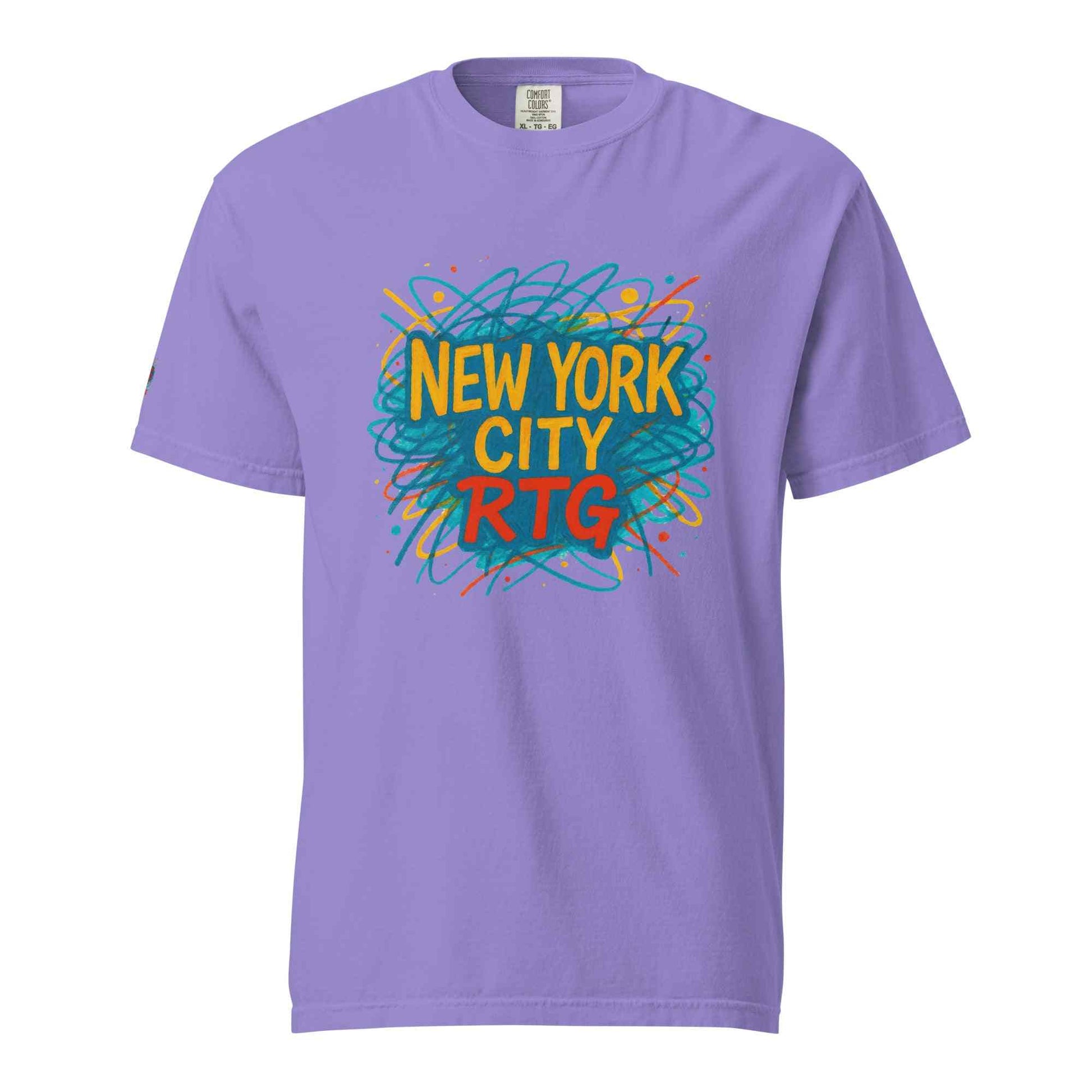 New York City-Unisex garment-dyed heavyweight purple t-shirt with colorful graphic design and relaxed fit
