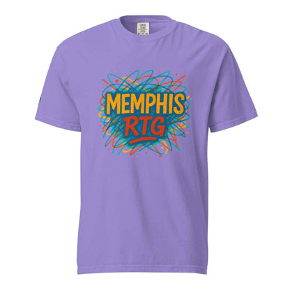 unisex garment-dyed heavyweight lavender t-shirt with Memphis RTG colorful graphic design