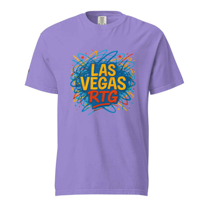 Los Vegas-Unisex garment-dyed heavyweight purple t-shirt with colorful graphic print and relaxed fit.