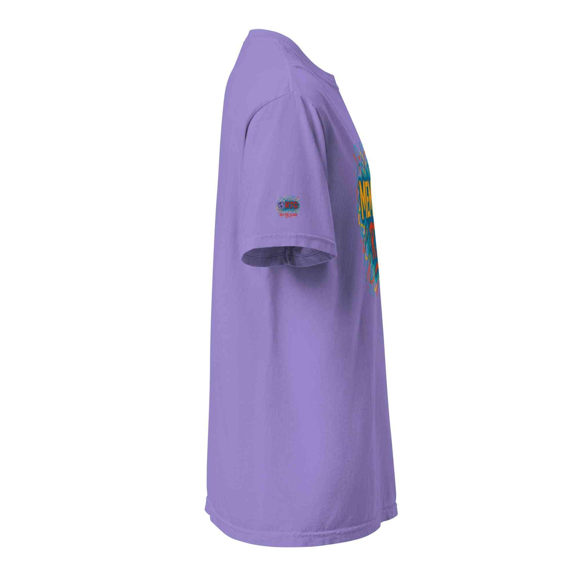 Unisex garment-dyed heavyweight purple t-shirt side view with breathable cotton fabric