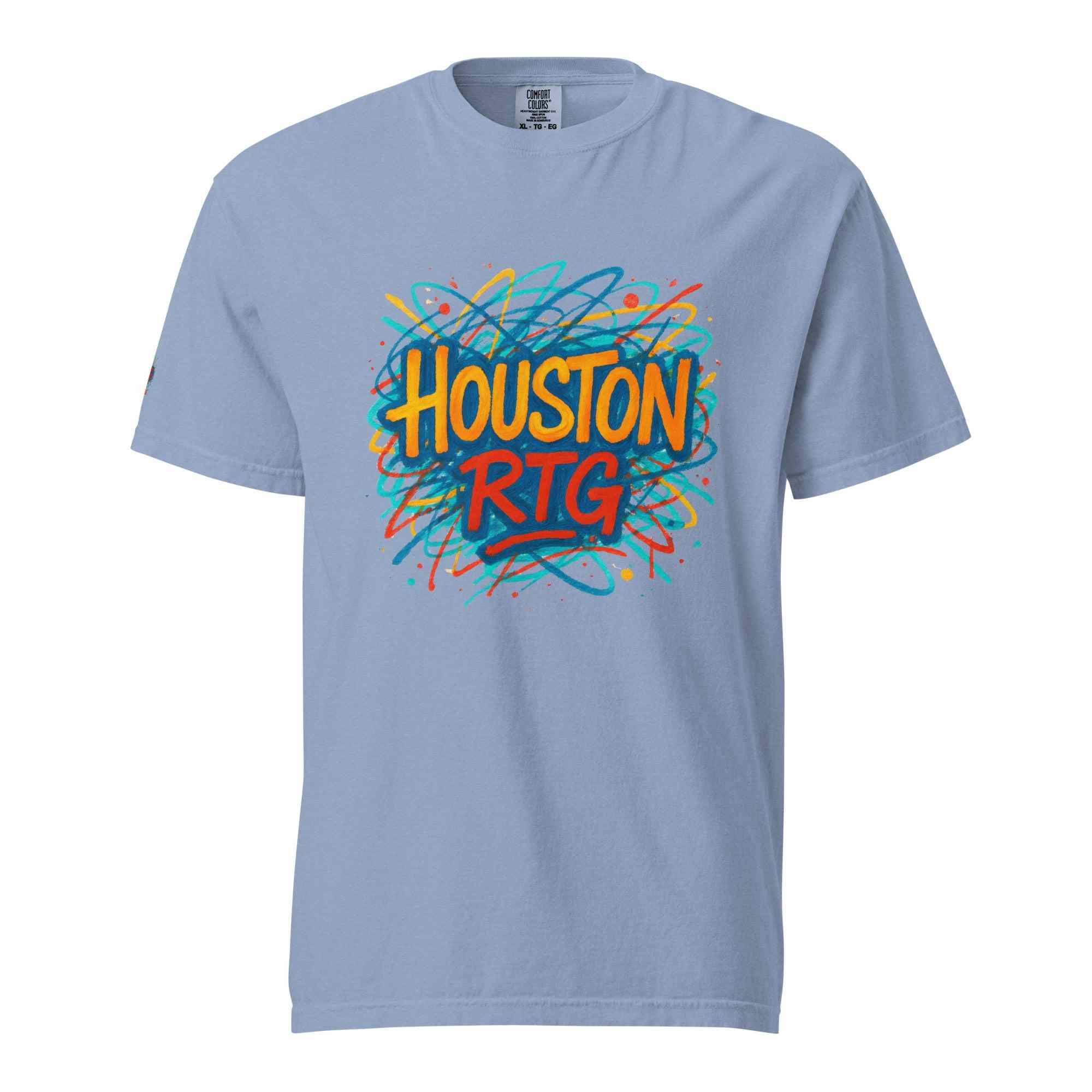 Houston-Unisex garment-dyed heavyweight t-shirt in light blue with colorful Houston RTG graphic, 100% ring-spun cotton, relaxed fit