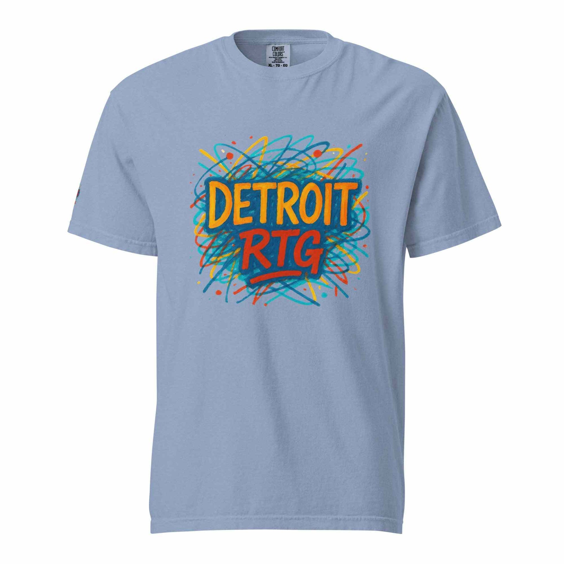 Light blue Detroit-Unisex garment-dyed heavyweight t-shirt with colorful graphic print on front