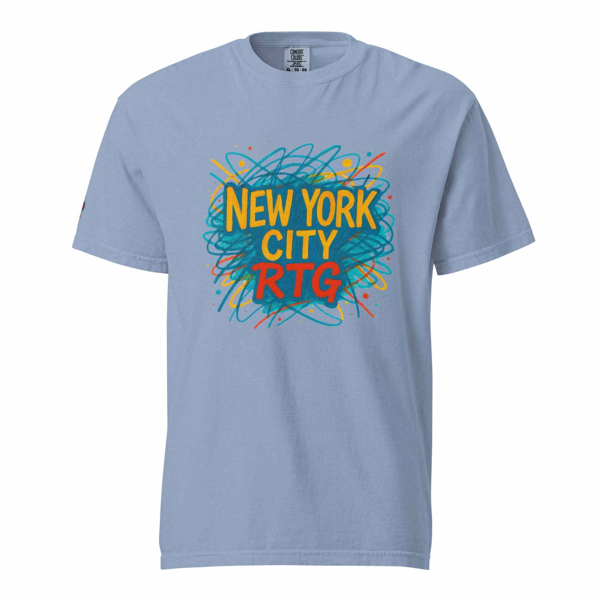 Light blue New York City-Unisex garment-dyed heavyweight t-shirt with colorful scribble design and bold text.