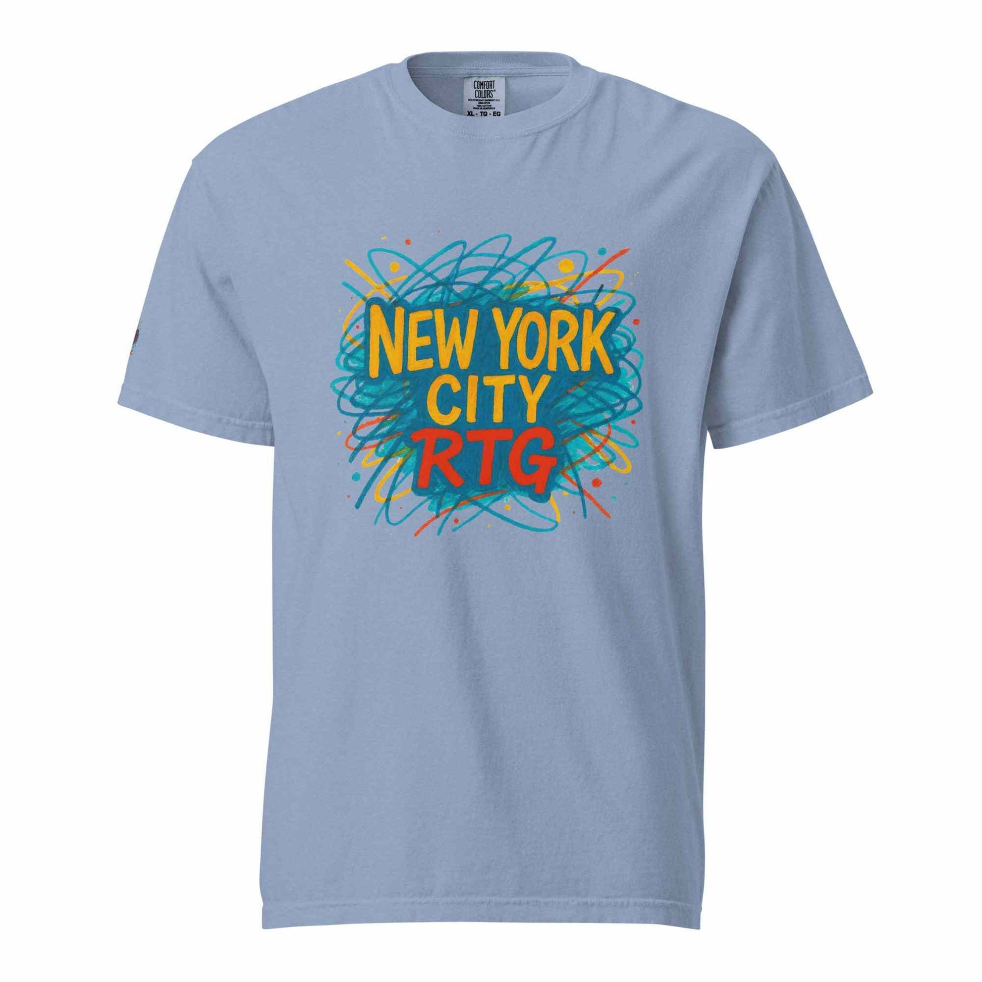 Light blue New York City-Unisex garment-dyed heavyweight t-shirt with colorful scribble design and bold text.