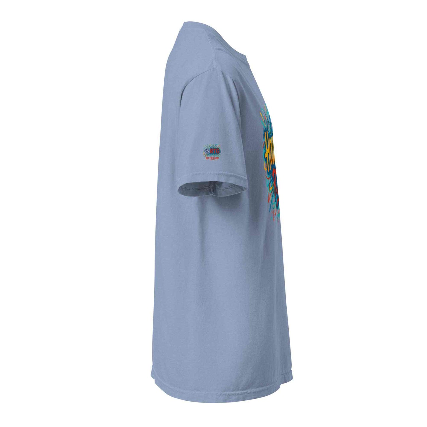 Houston-Unisex garment-dyed heavyweight cotton t-shirt in light blue with colorful graphic on front and embroidered logo on sleeve