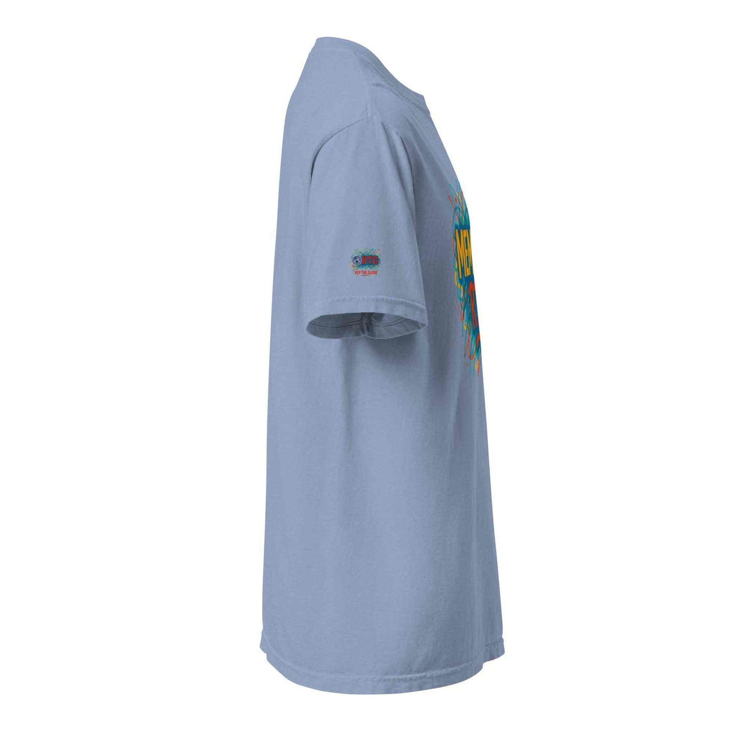 side view of light blue unisex garment-dyed heavyweight cotton t-shirt with graphic print and short sleeves