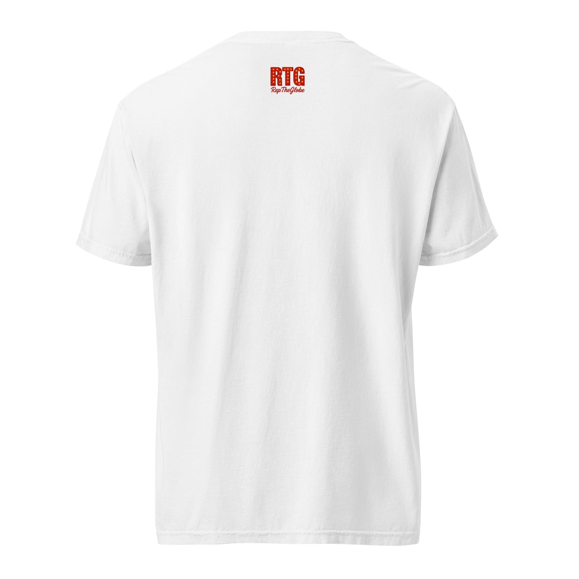 White Los Angeles-Unisex garment-dyed heavyweight t-shirt made of 100% ring-spun cotton, shown from back with RTG logo near collar.