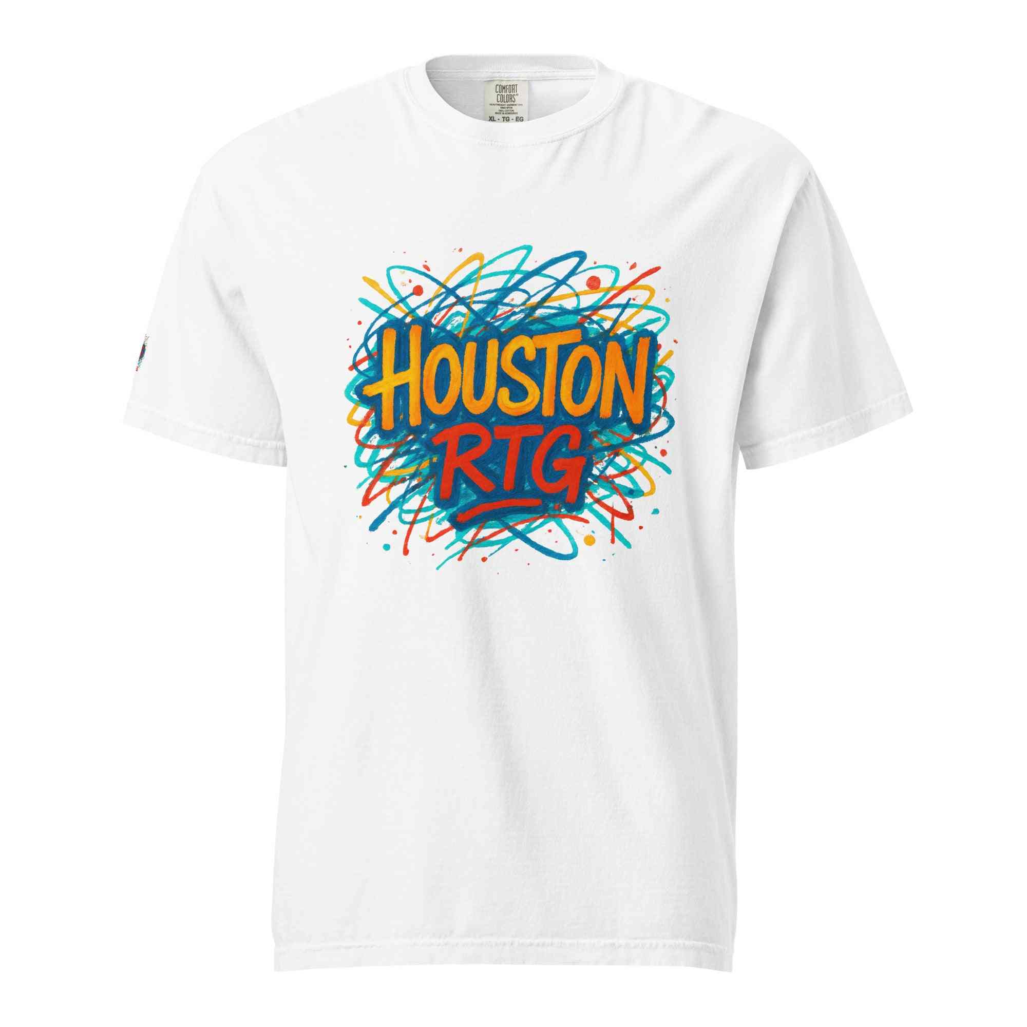 Houston-Unisex garment-dyed heavyweight white t-shirt with colorful Houston RTG graphic print on front