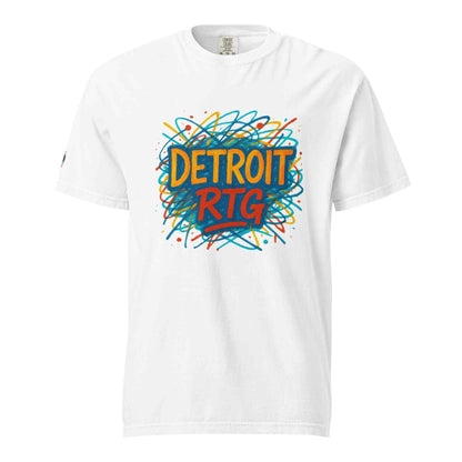 Detroit-Unisex garment-dyed heavyweight white t-shirt with colorful "DETROIT RTG" graphic, 100% ring-spun cotton, relaxed fit