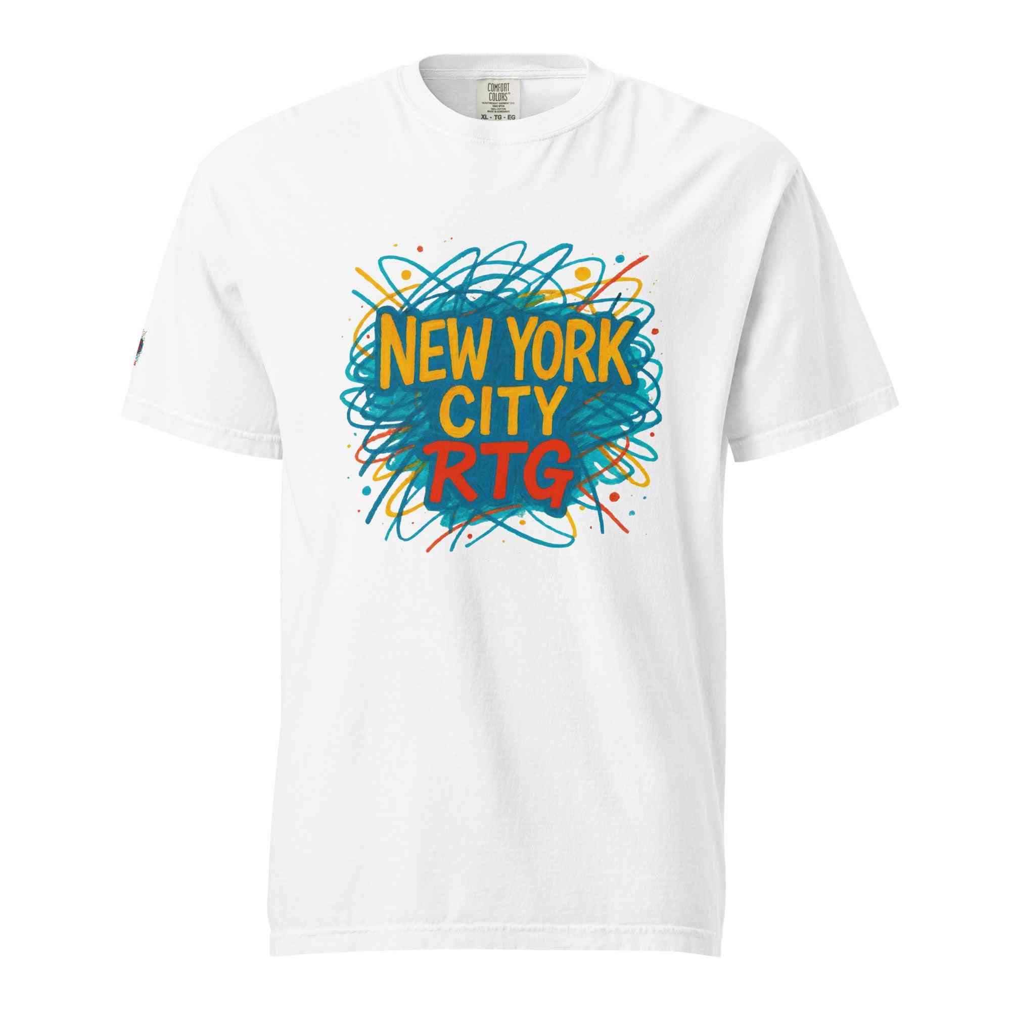 New York City-Unisex garment-dyed heavyweight t-shirt with colorful graphic design on white ring-spun cotton fabric