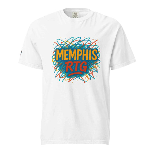 white unisex garment-dyed heavyweight t-shirt with colorful Memphis RTG graphic design