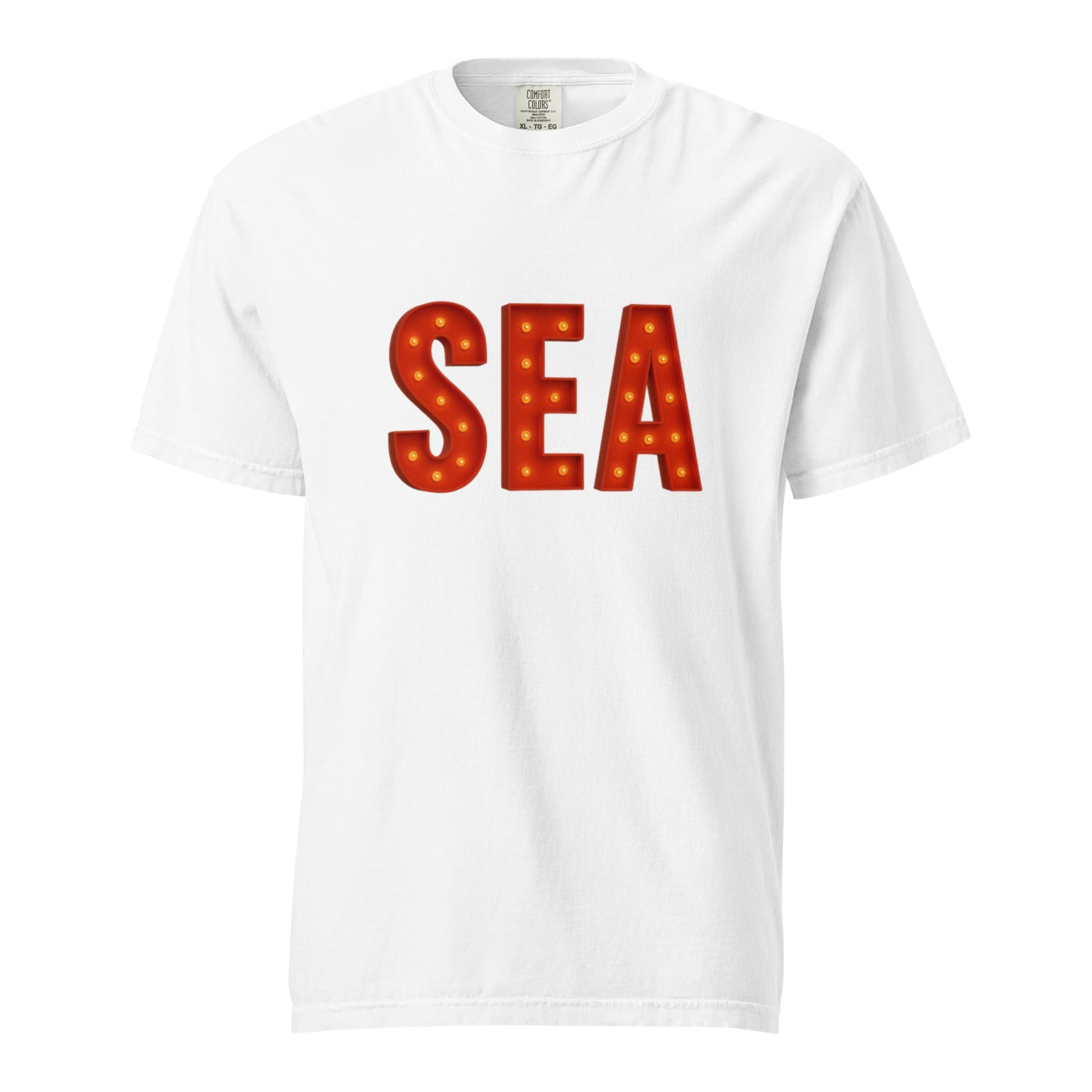 white Seattle-Unisex garment-dyed heavyweight t-shirt with red SEA text and round neck design