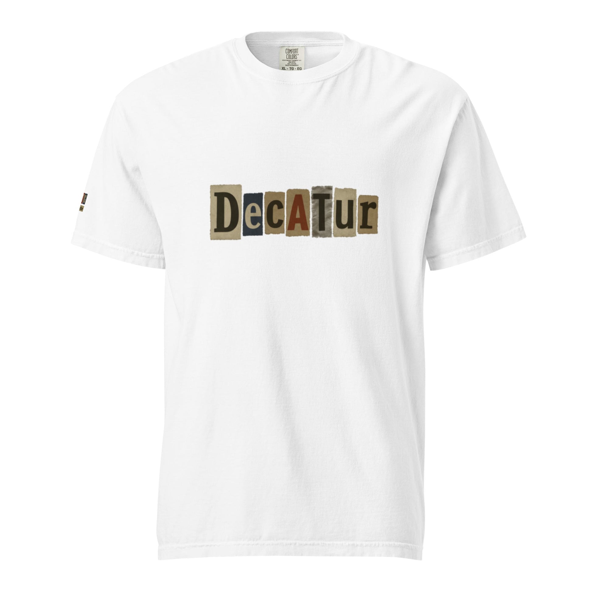 Decatur-Unisex garment-dyed heavyweight white t-shirt with unique multi-font logo, 100% ring-spun cotton, relaxed fit