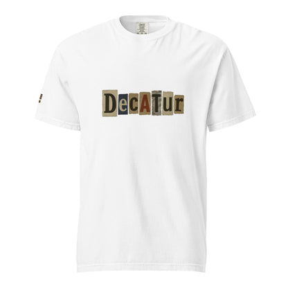 Decatur-Unisex garment-dyed heavyweight white t-shirt with unique multi-font logo, 100% ring-spun cotton, relaxed fit