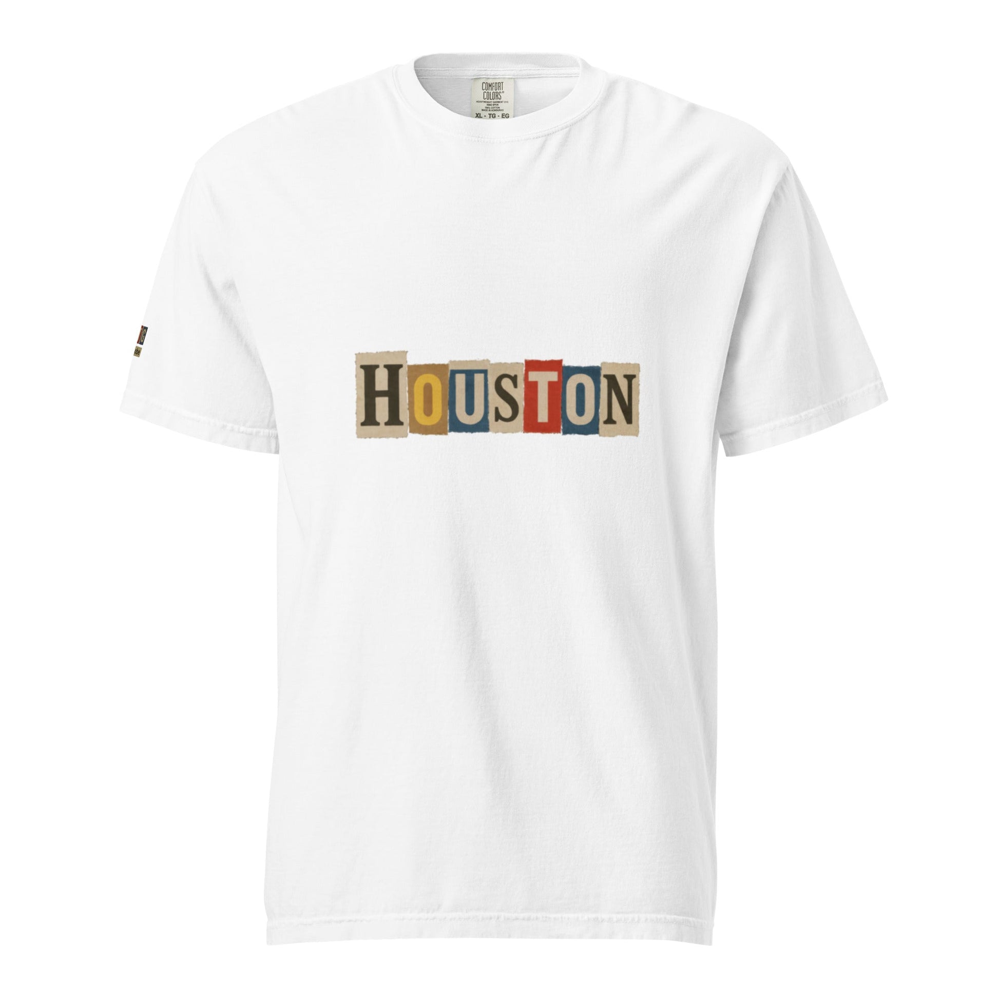 Houston-Unisex garment-dyed heavyweight white t-shirt with colorful block letter Houston print, 100% cotton, relaxed fit