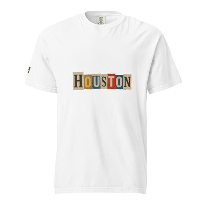 Houston-Unisex garment-dyed heavyweight white t-shirt with colorful block letter Houston print, 100% cotton, relaxed fit