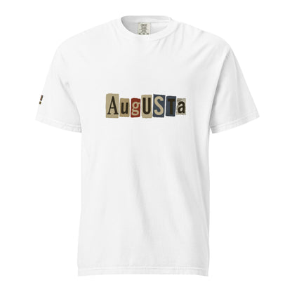 White Augusta-Unisex garment-dyed heavyweight t-shirt with multicolor letter print on front, 100% cotton, relaxed fit