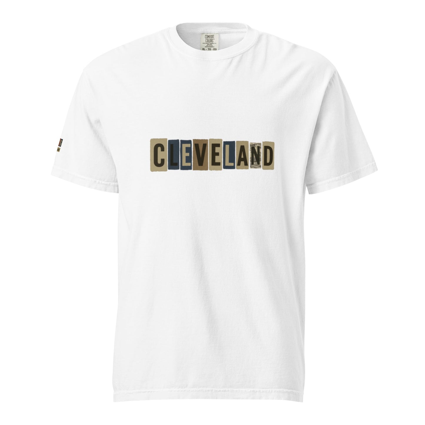 Cleveland-Unisex garment-dyed heavyweight white t-shirt with block letter print and relaxed fit made of 100% ring-spun cotton