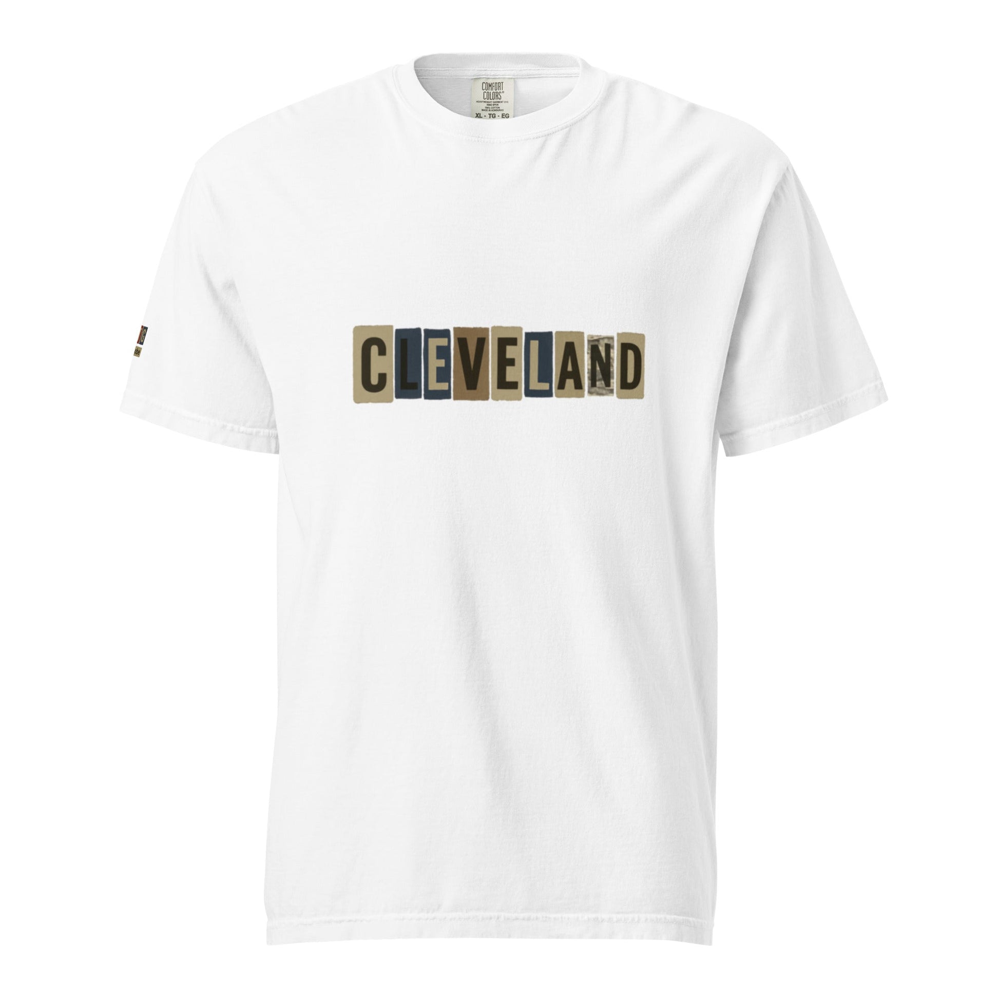 Cleveland-Unisex garment-dyed heavyweight white t-shirt with block letter print and relaxed fit made of 100% ring-spun cotton
