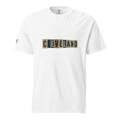 Cleveland-Unisex garment-dyed heavyweight white t-shirt with block letter print and relaxed fit made of 100% ring-spun cotton