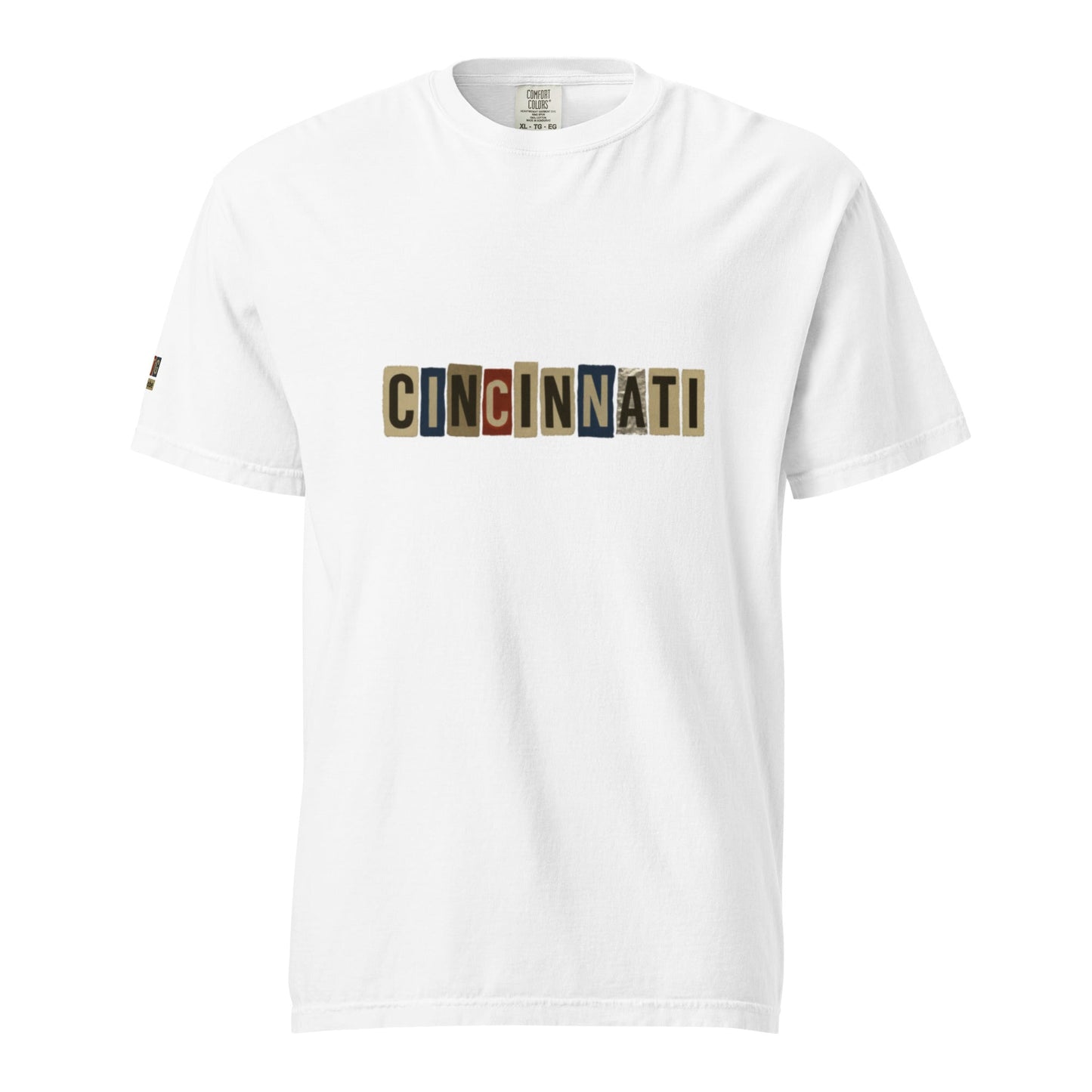 White Cincinnati-Unisex garment-dyed heavyweight t-shirt with multicolor block letter logo on front